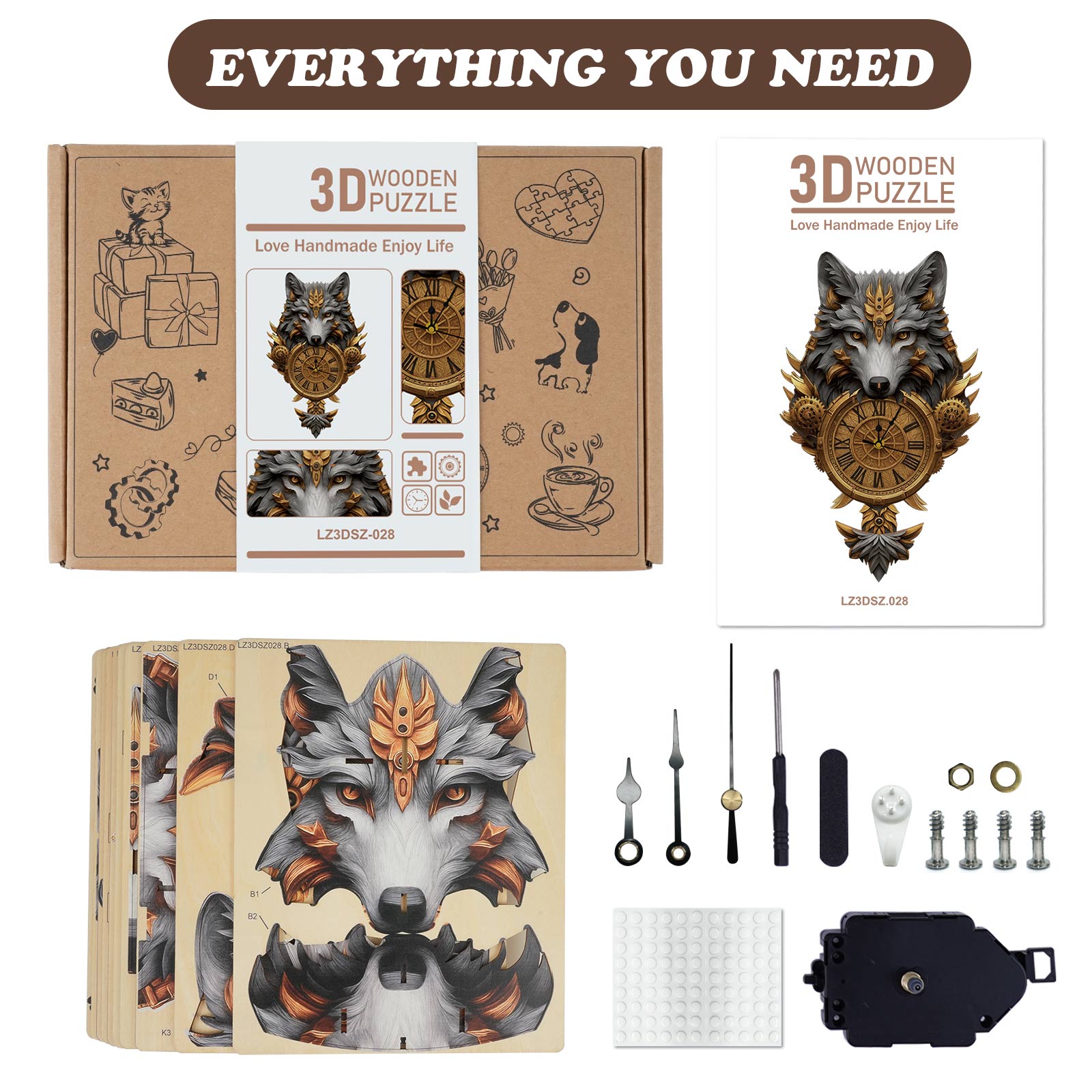 Gray Wolf– DIY Wooden Clock, 3D Puzzle Craft Kit