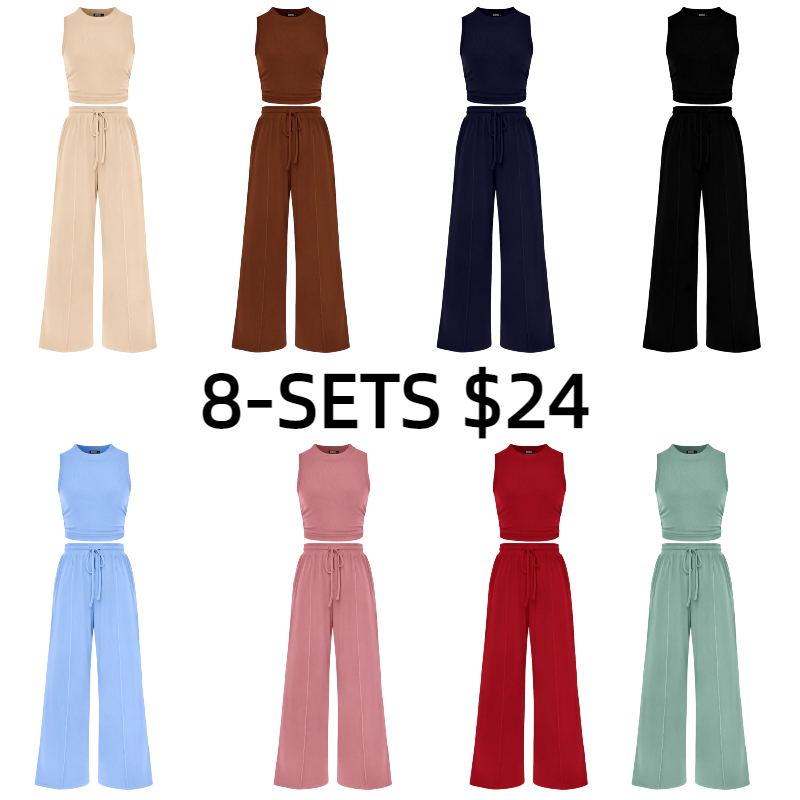 Women's Summer 2-Piece Outfits - Ribbed Knit Crew Neck Sleeveless Cropped Top & Wide Leg Pants Lounge Set