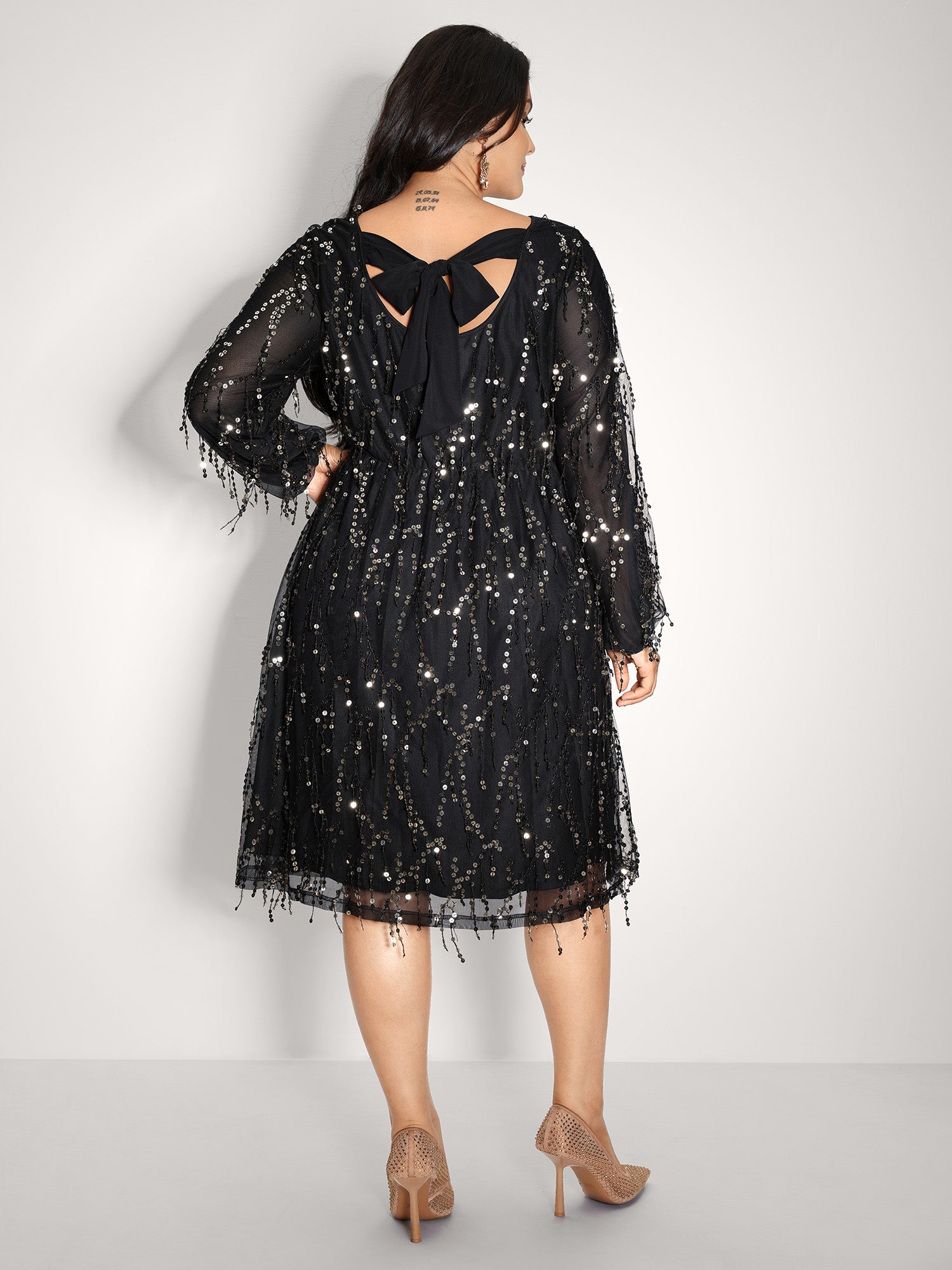 Back Bow Tie Fringe Sequin Mini Dress