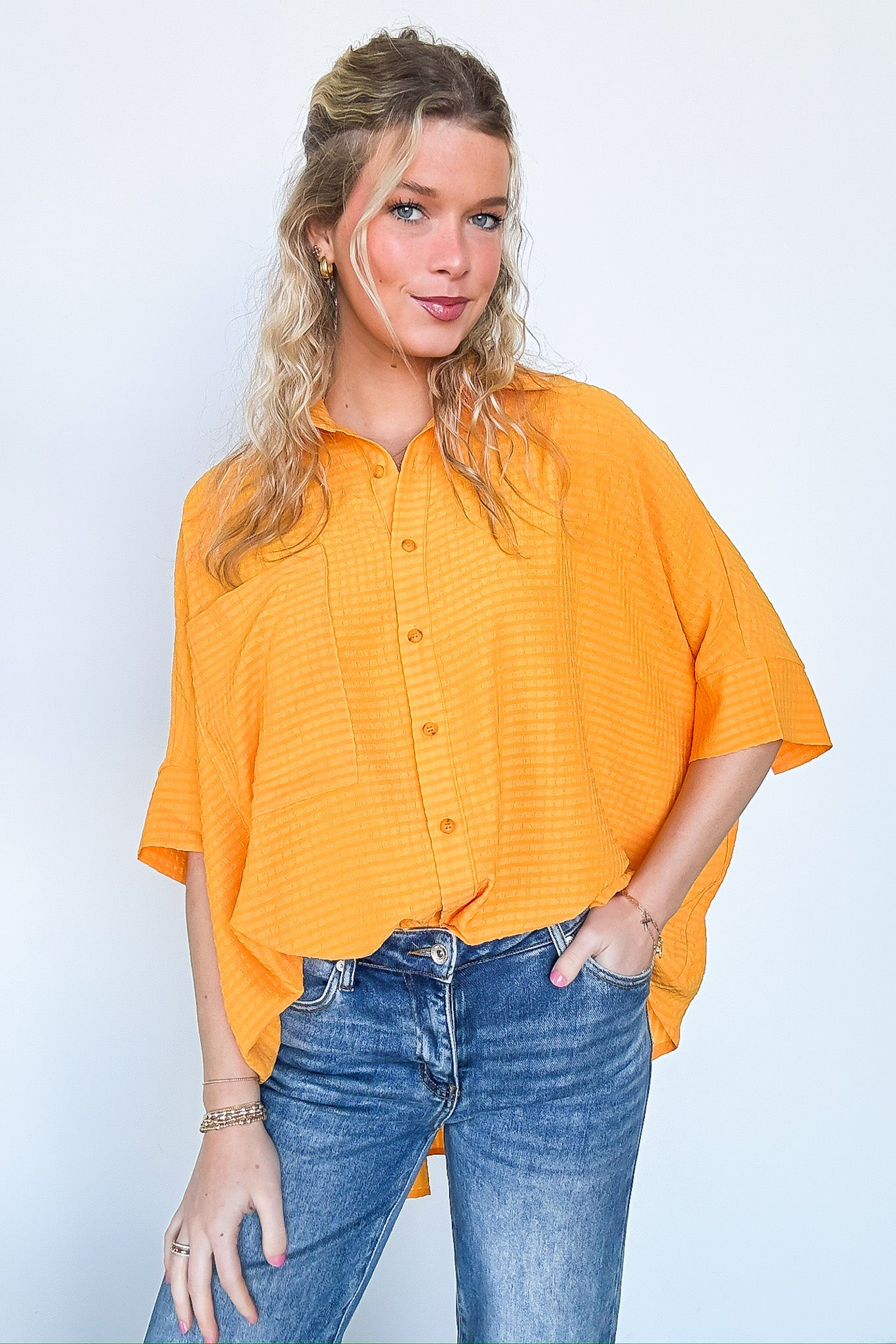 Textured Knit Button Down Top