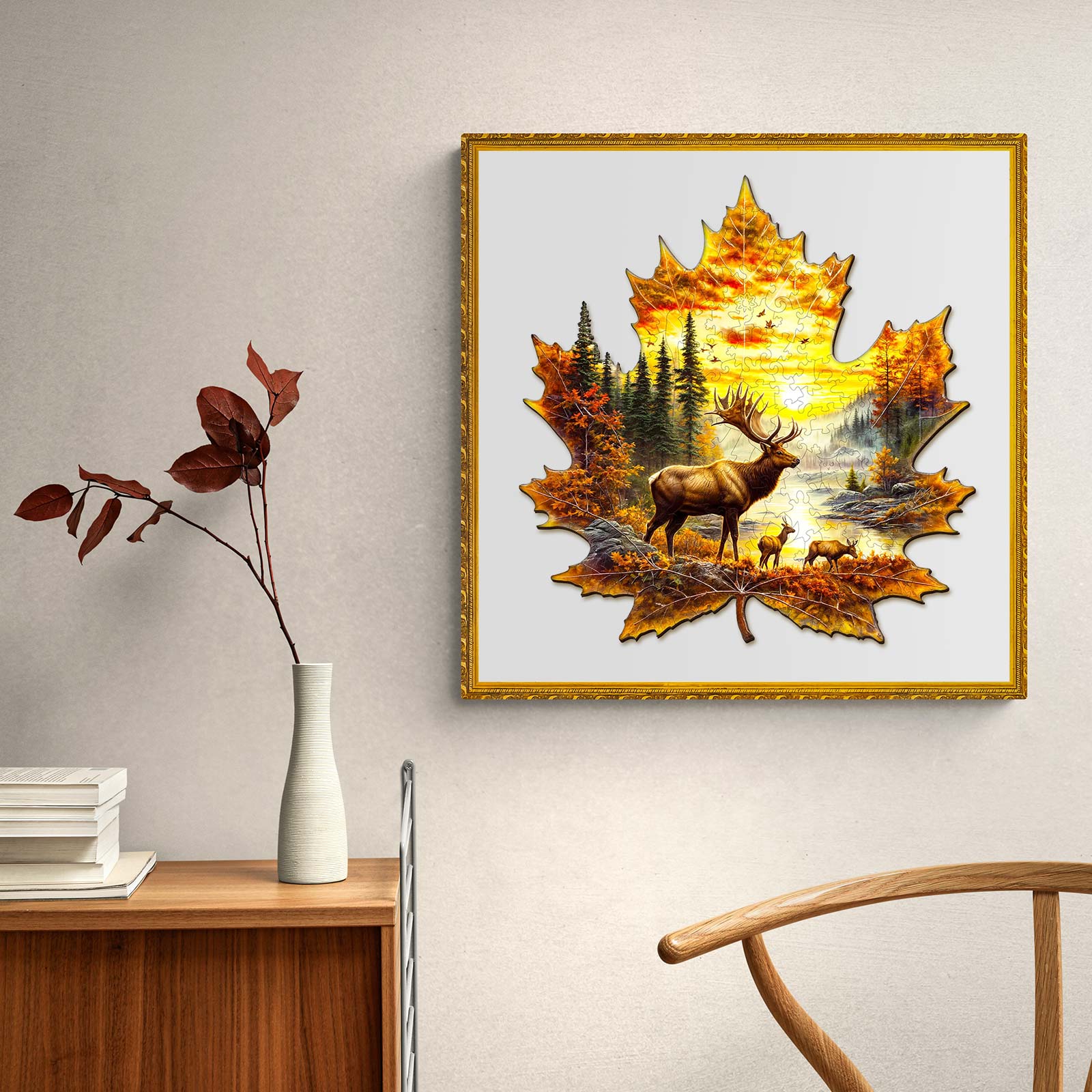 Elk and maple leaves Wooden Jigsaw Puzzle