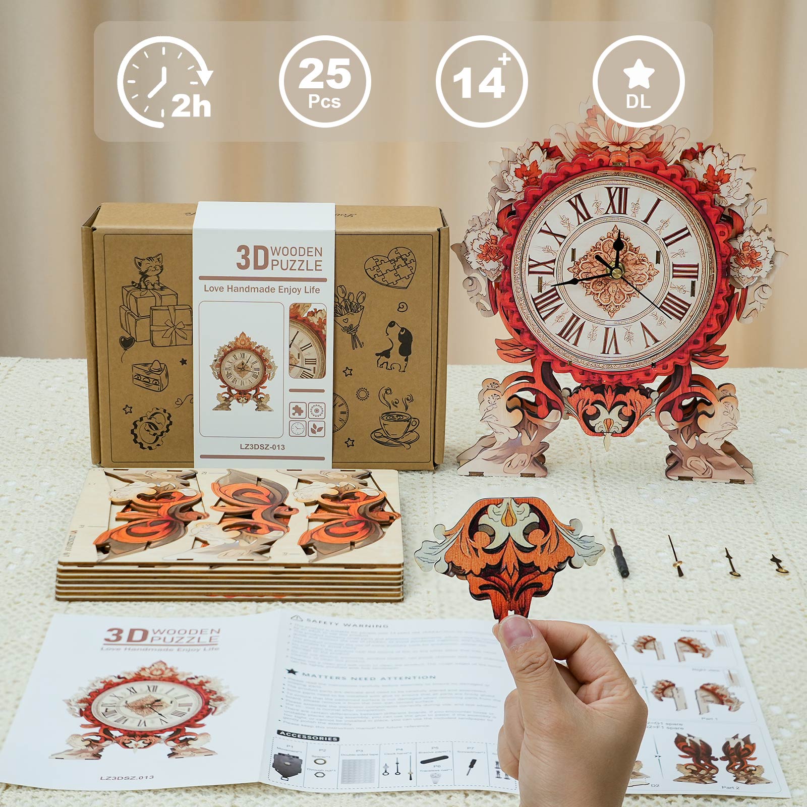 Fire Flame Flowerâ€“ DIY Wooden Clock, 3D Puzzle Craft Kit