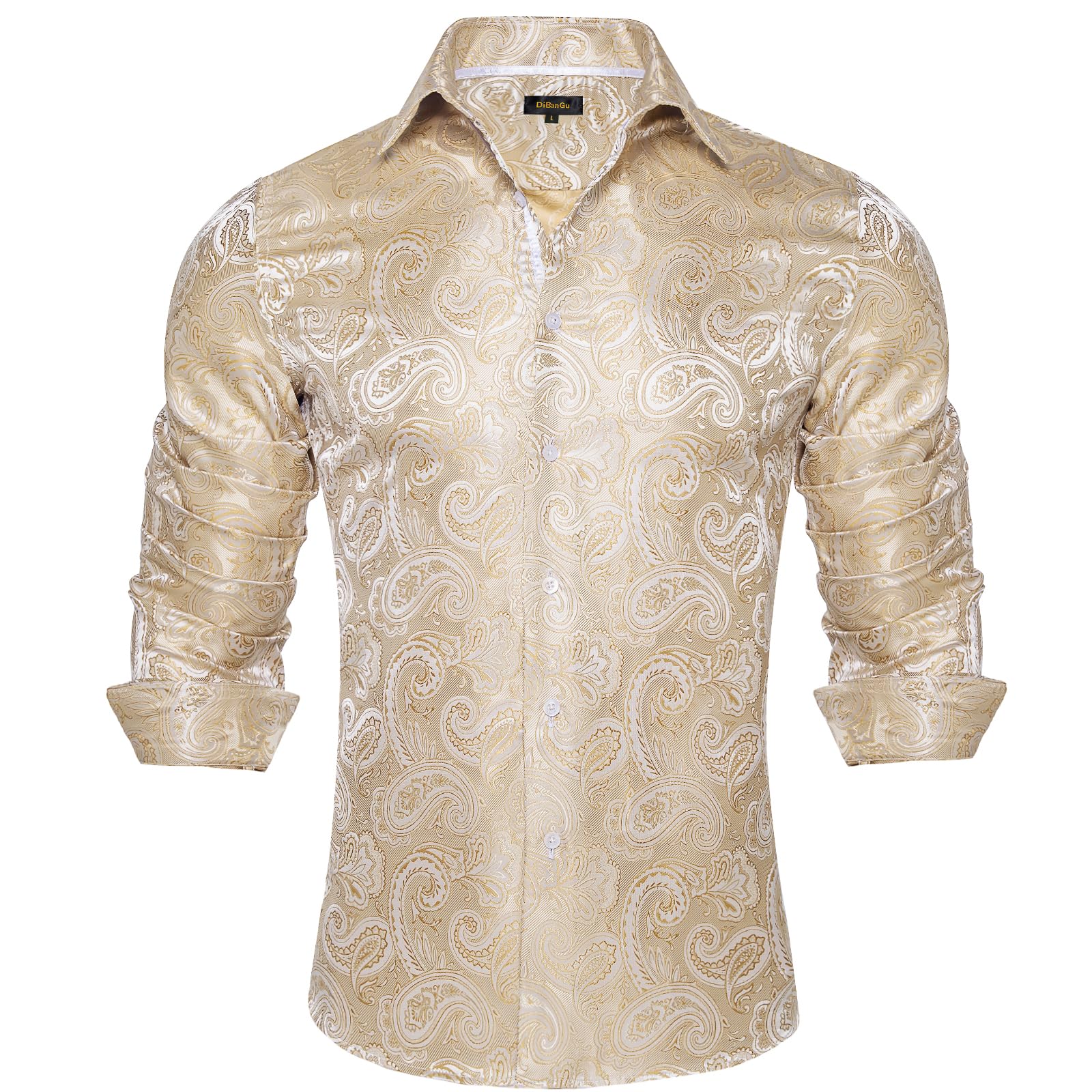 Men's Paisley Dress Shirt Long Sleeve Wrinkle Free Button Down Cowboy Shirts - Champagne Gold&paisley