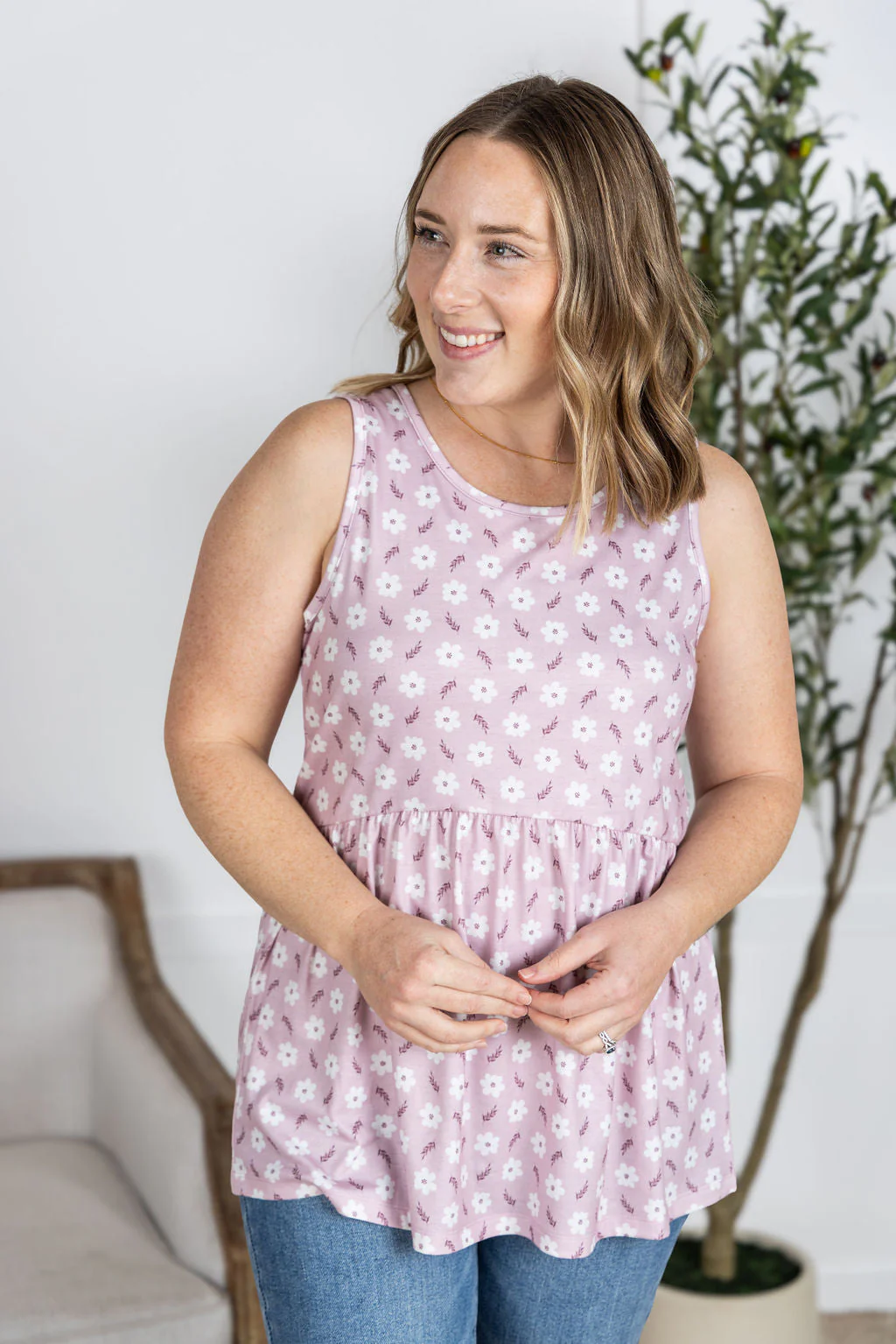 Renee Ruffle Tank Top in Pearl Pink Floral