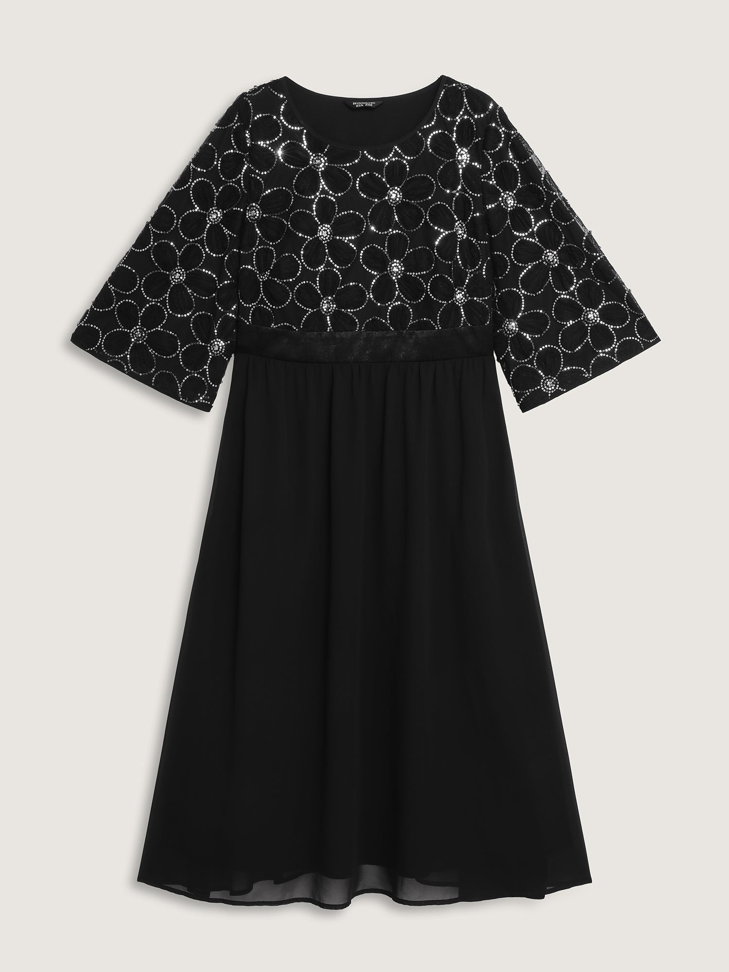 Sequin Floral Tulle Shirred Waist Midi Dress