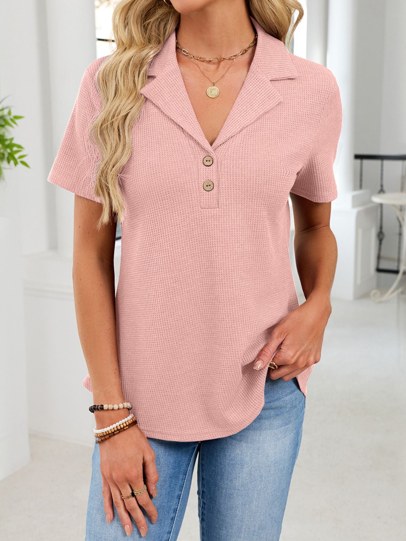 Waffle Knit Button Detail T-Shirt