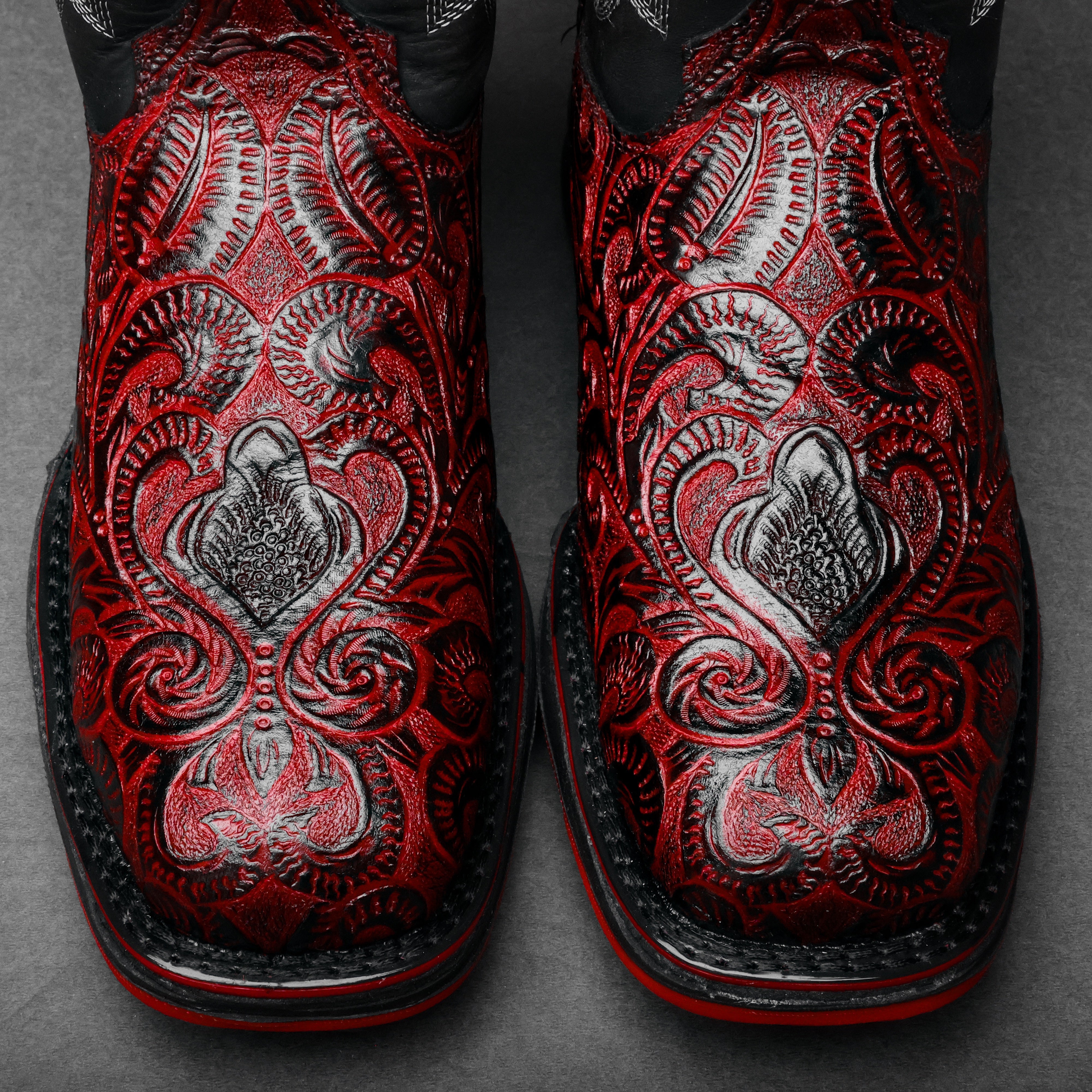 Black Cherry Hand-Tooled Leather Boots With 3D Lightweight Sole - Composite Toe