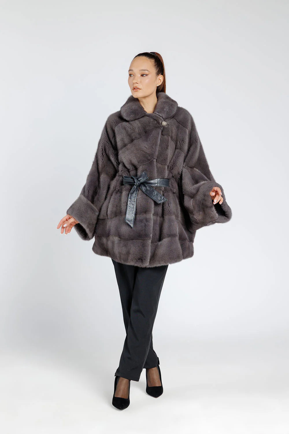 Haină din Blană Naturală de Vizon, cu Cordon din Piele, Guler Rever, Oversized, Femei, Graphite 393