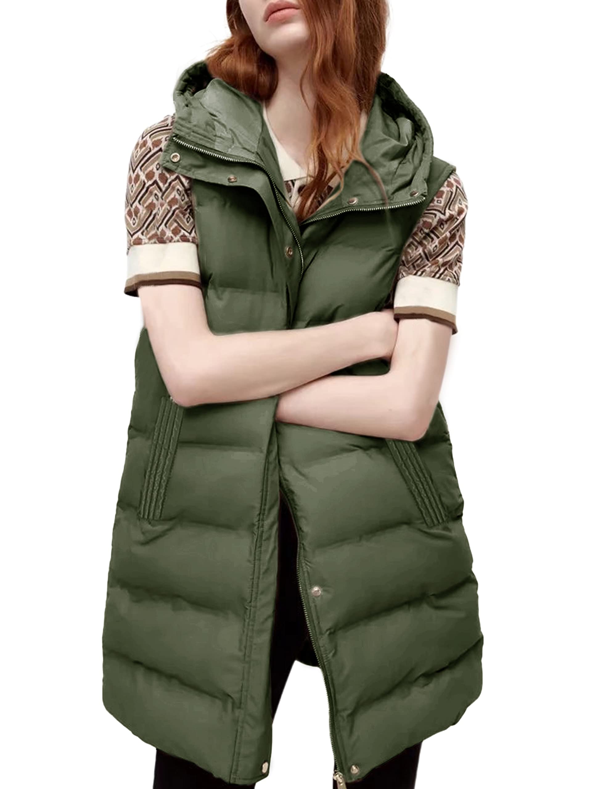 Women's Long Puffer Vest Casual Sleeveless Puffer Jacket with Removable Hood Sets