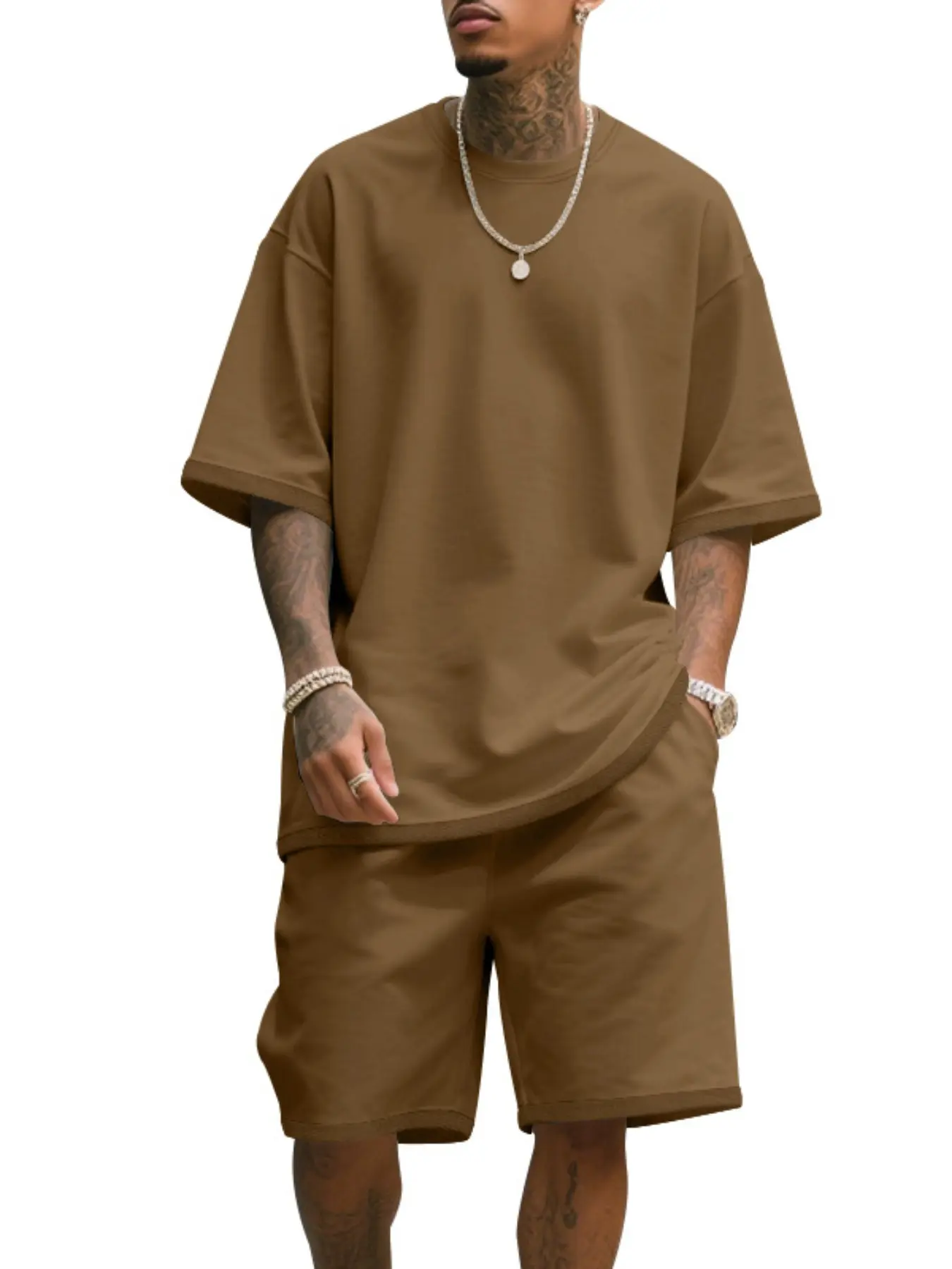 Men's Summer Casual Set, Pure Color Round Neck Short Sleeve Knit Tee & Shorts, Classic Loose Fit Sportswear, Comfortable Daily Wear Outfit