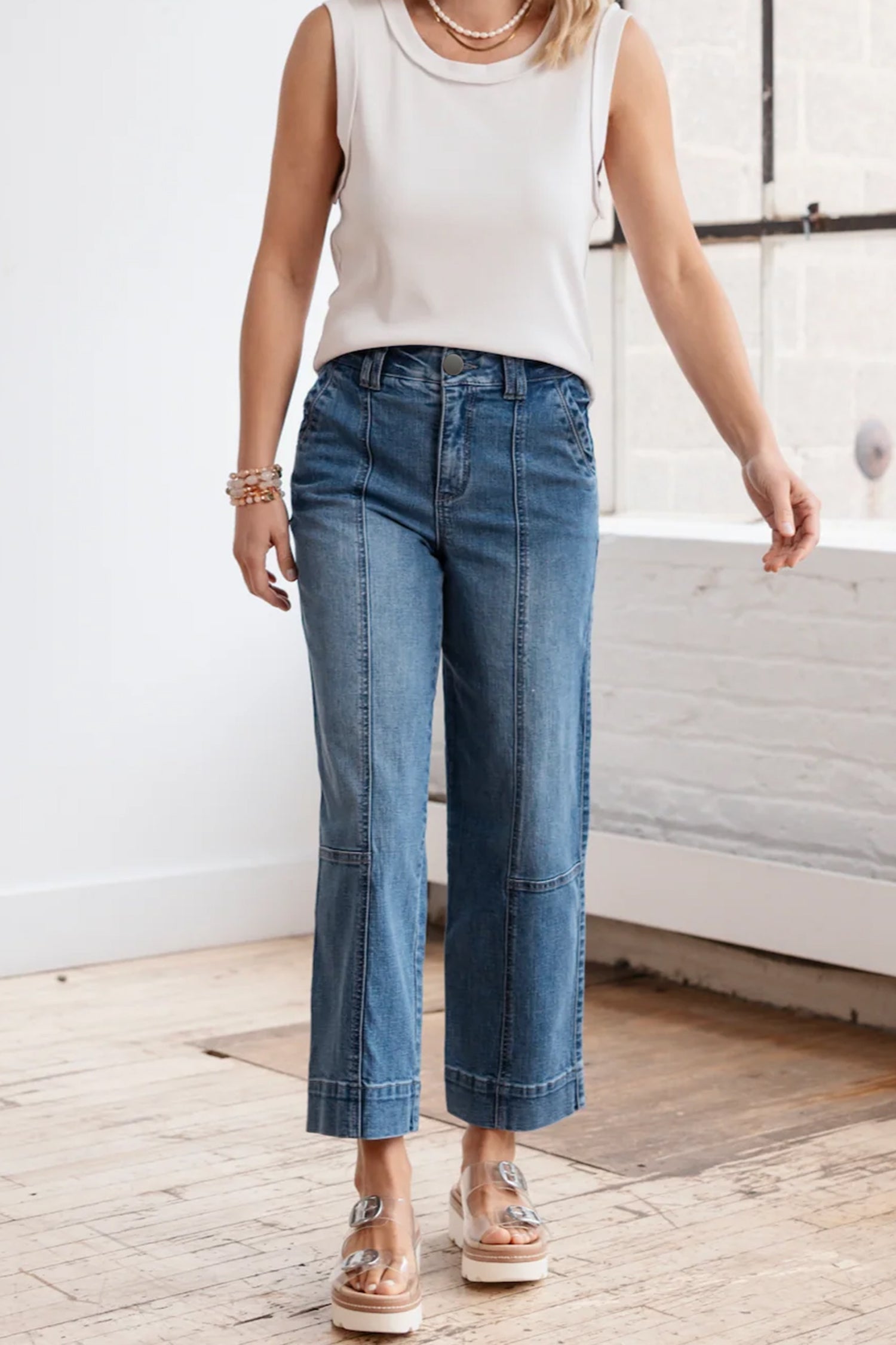 Sail Blue Exposed Stitching Straight Jeans