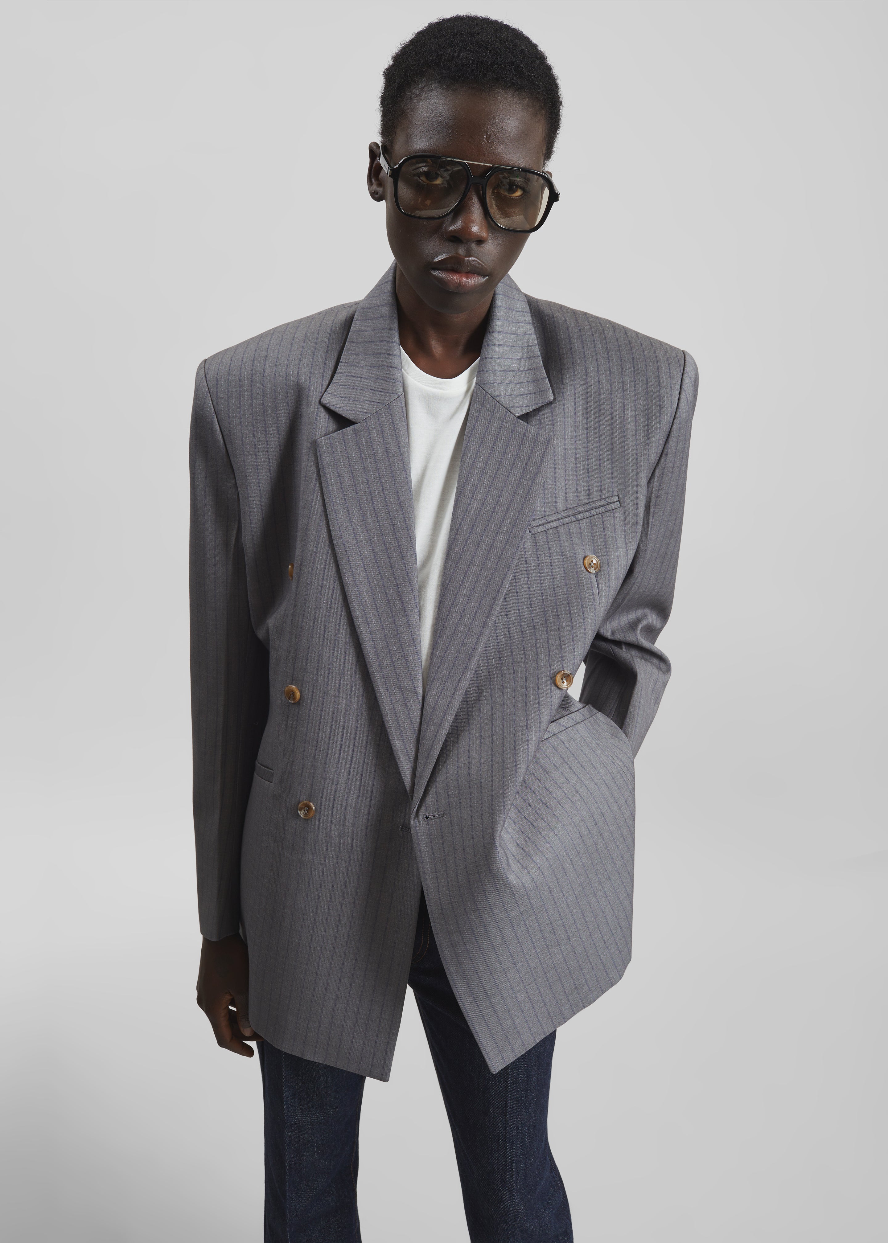 Helmond Double-Breasted Blazer - Grey Multi Stripe