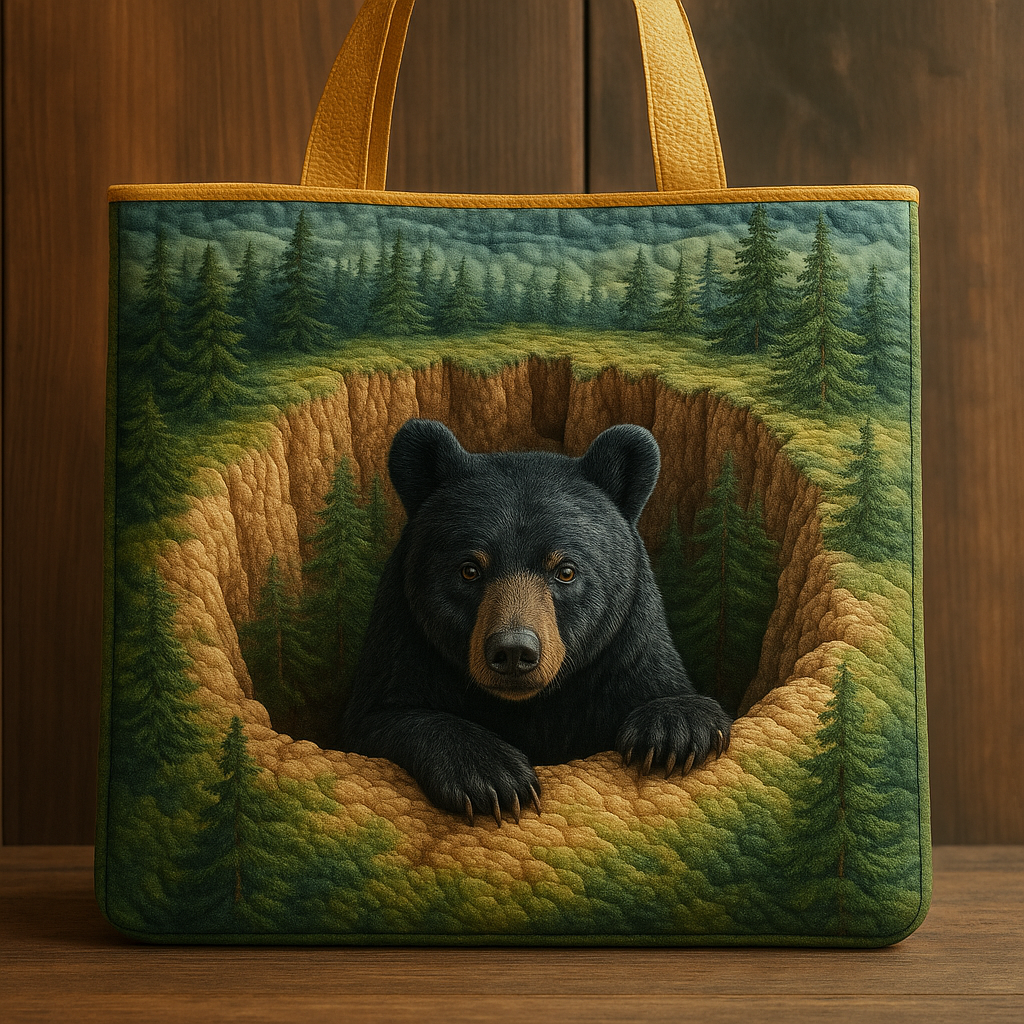 Echoes of the Evergreen — 3D Bear Quilted Tote Bag ✨