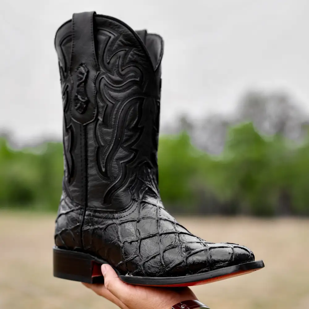 Total Black Pirarucu Leather Boots - Square Toe