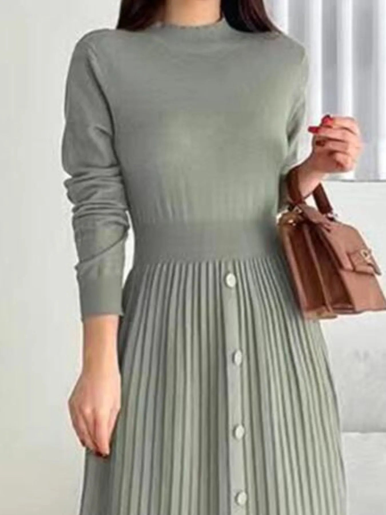 Slit Front Mock Neck Long Sleeve Knit Dress