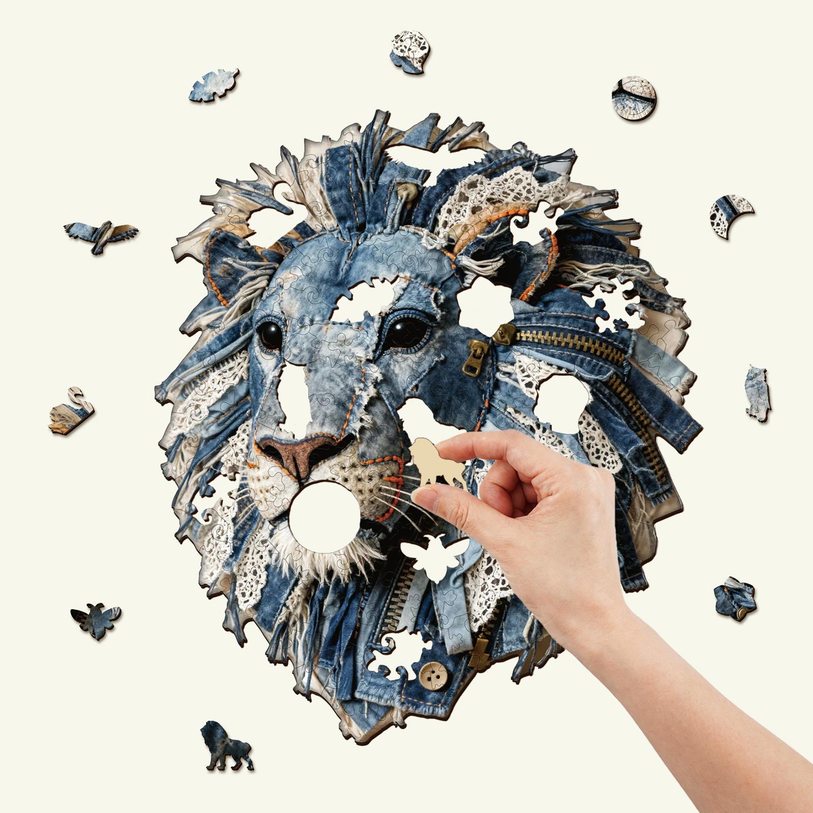 Denim Fabric Lion Wooden Jigsaw Puzzle