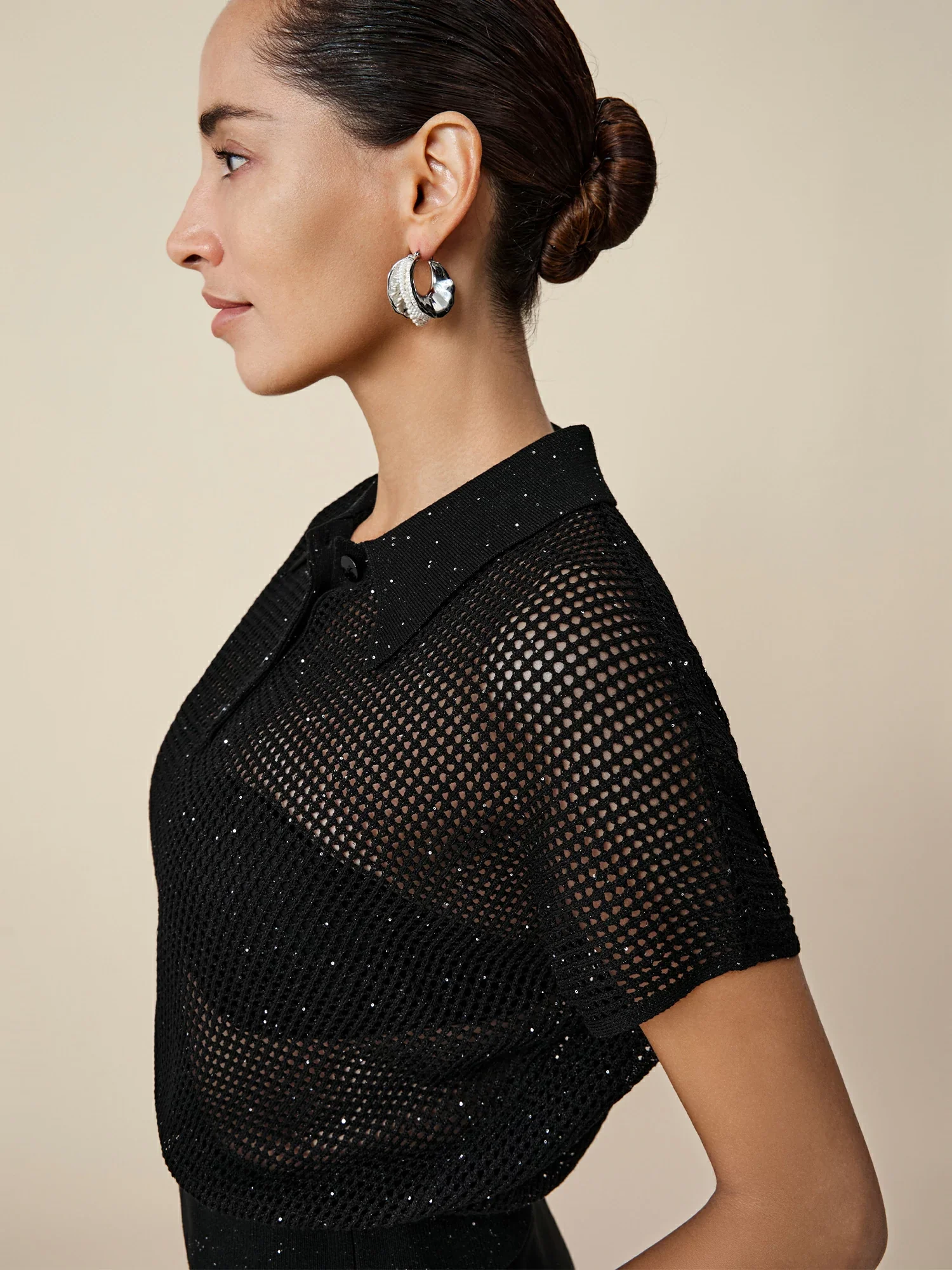 Lyocell & Linen Polo Neck Sequin Openwork Shirt