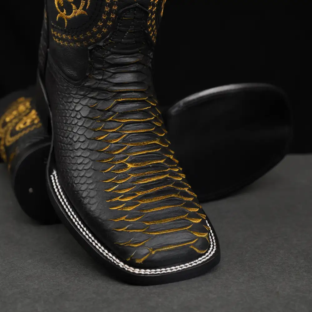 Black/Yellow Python Leather Boots - Square Toe