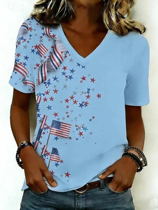Women's USA Flag Star Patriotic V-Neck T-Shirt