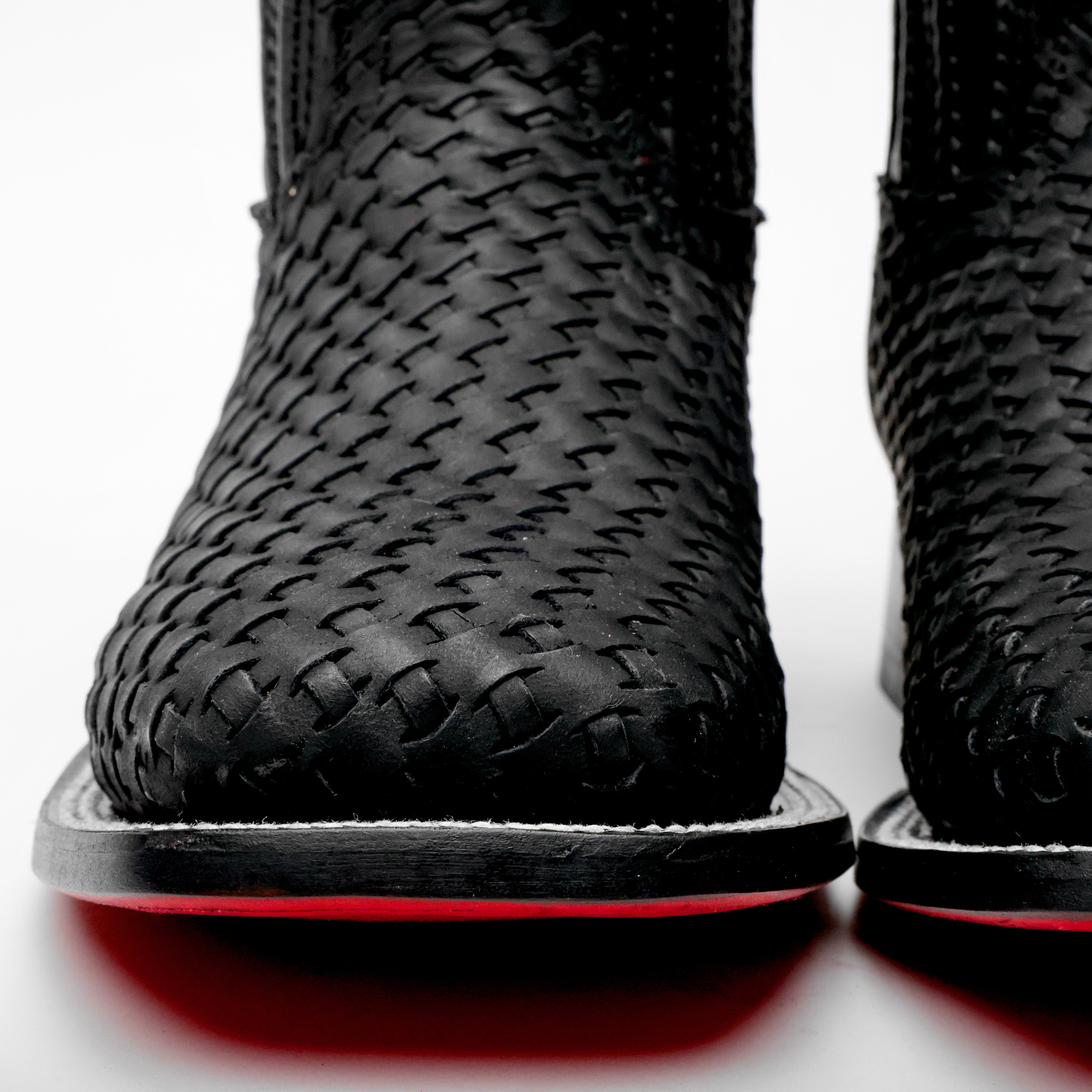 Black Basketweave Leather Boots - Square Toe
