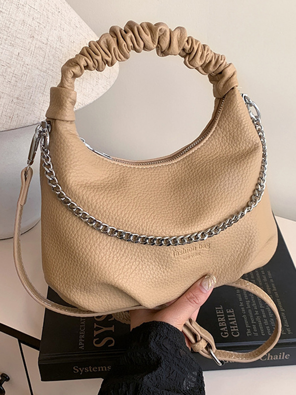 Chains Pleated Solid Color Zipper Handbags Crossbody Bags