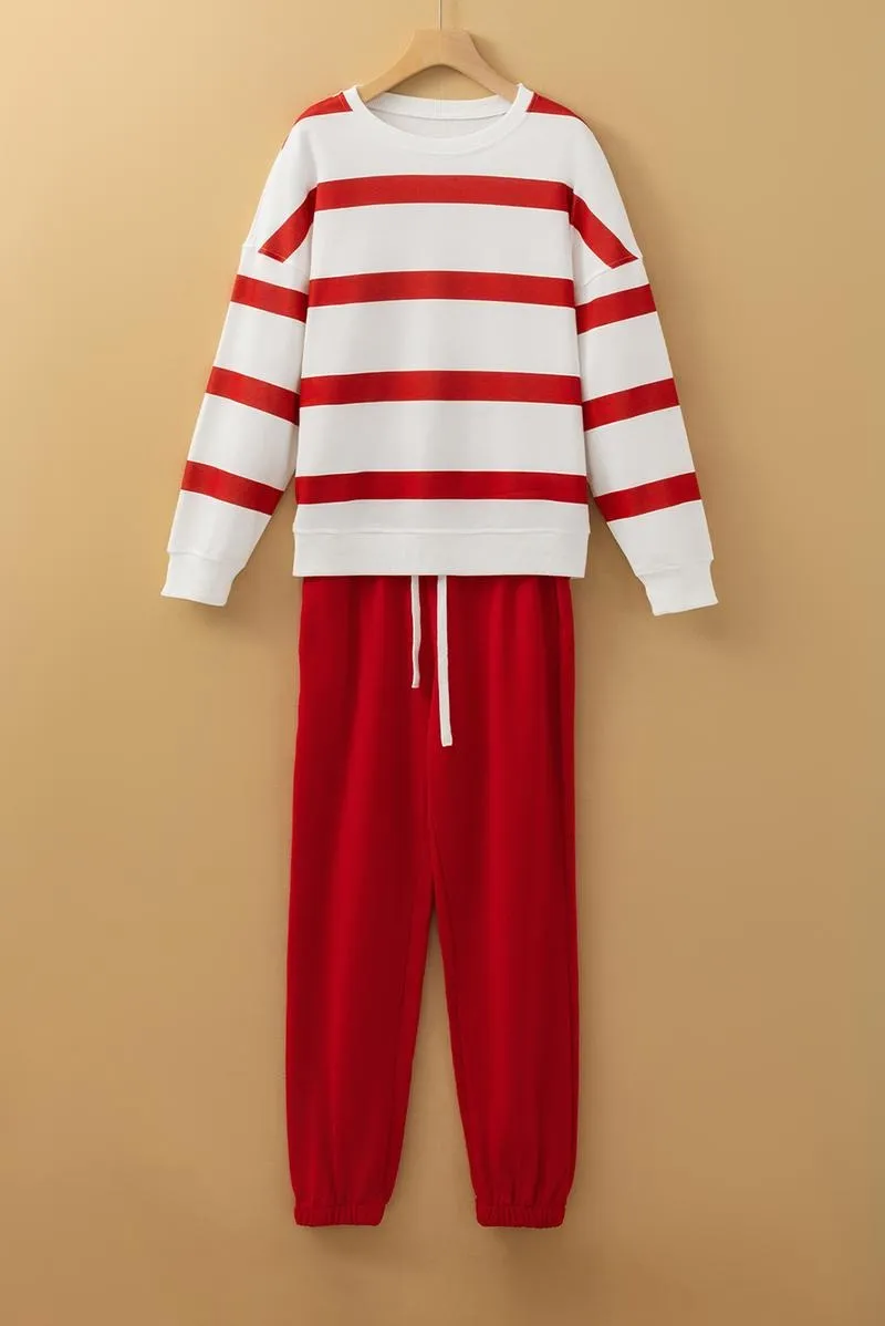 Women's Striped Two Piece Outfit Long Sleeve Drop Shoulder Pullover Tops & Jogger Pants Sets