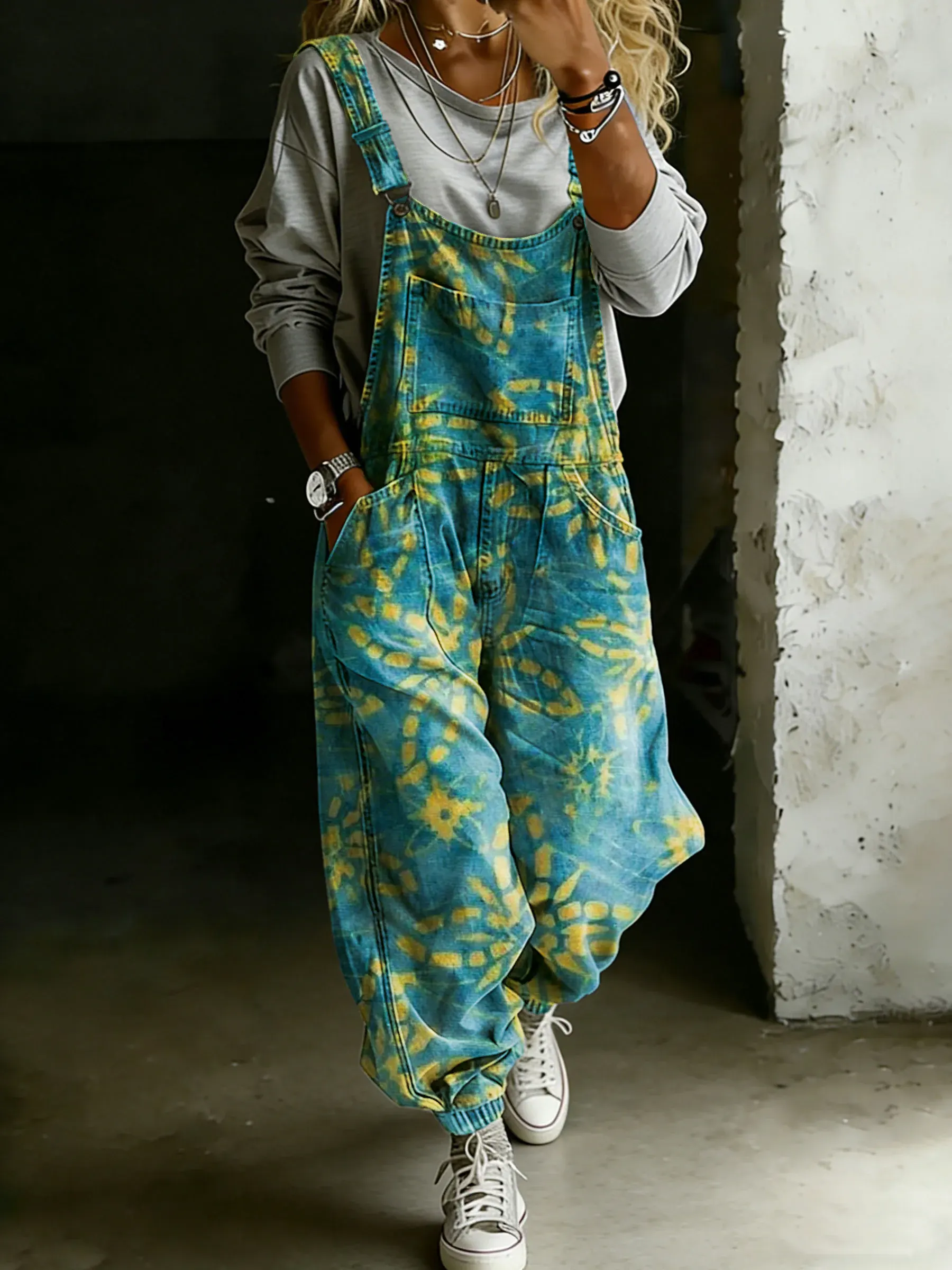 Women’s Vintage Abstract Ethnic Floral Art Print Casual One Piece Denim Jumpsuit