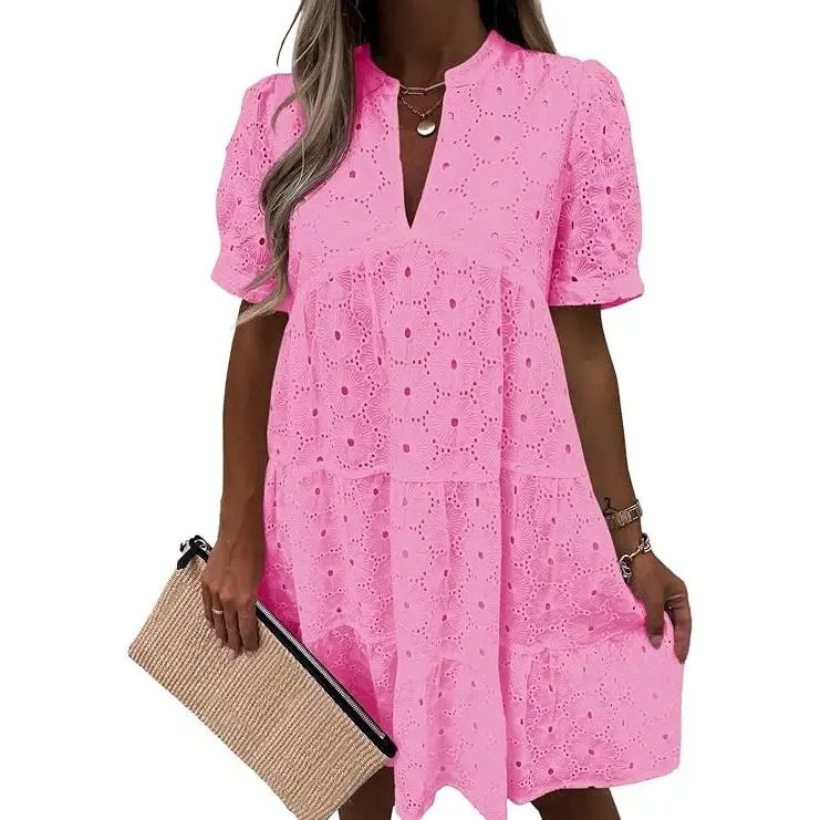 Women’s Eyelet Lace Summer Tunic Dress – Flowy V-Neck Babydoll Style