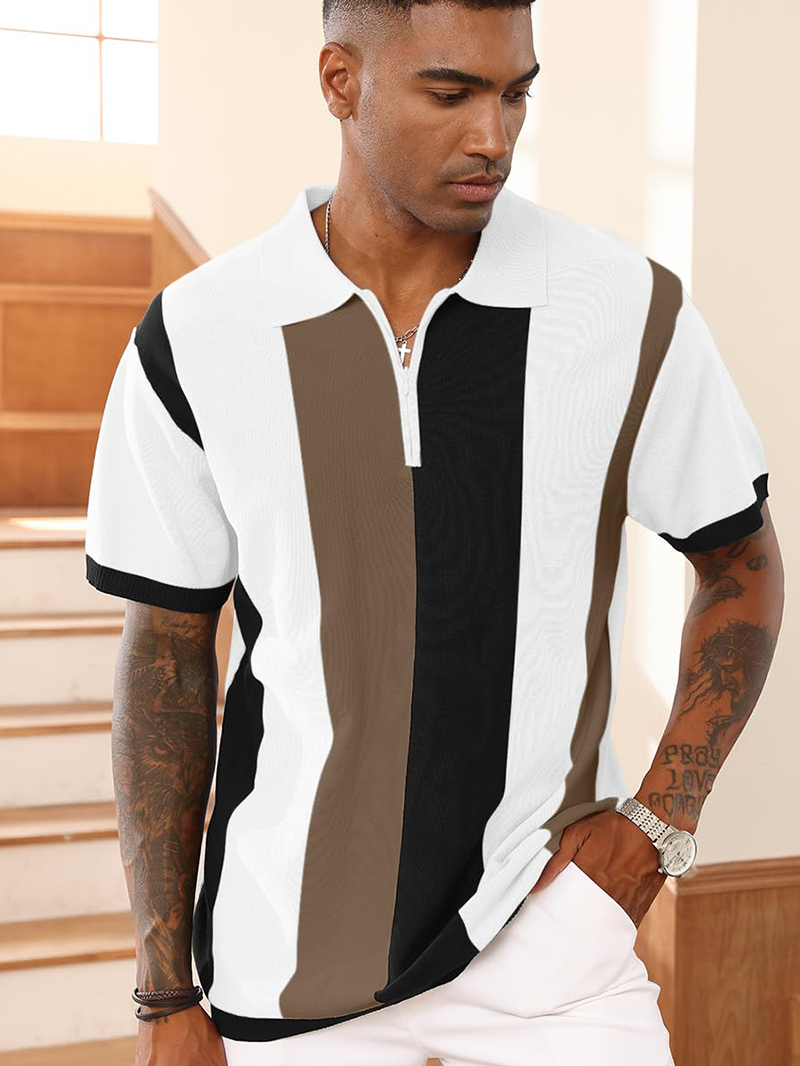 Men's Fashion Polo Shirts Vintage Striped Knitting Shirts Casual Slim Fit Golf Shirts