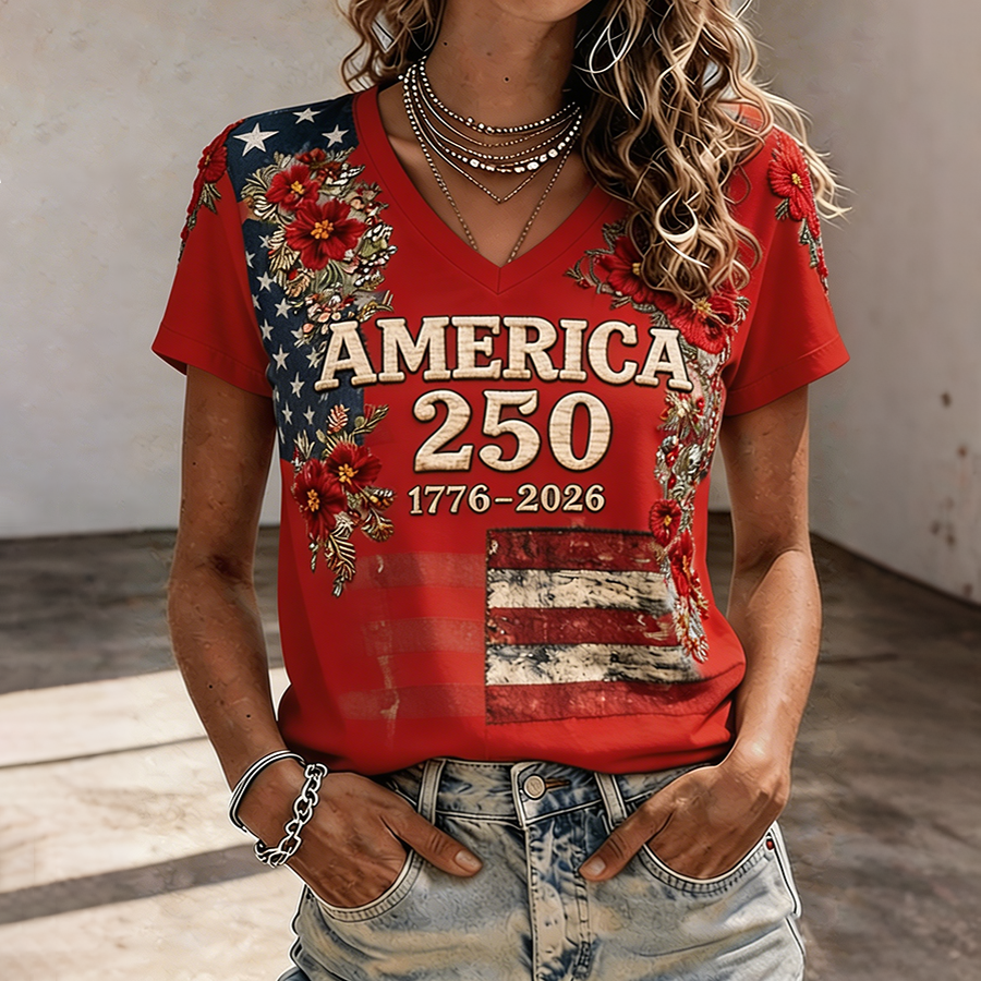Women's Patriotic 1776-2026 America 250 Floral Embroidered V-Neck T-Shirt