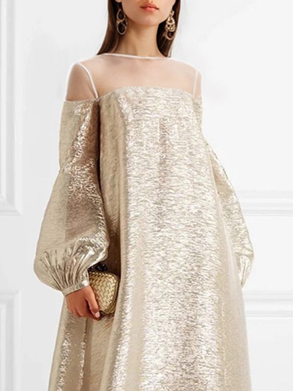 Gauze See-Through Shiny Split-Joint A-Line Loose Round-Neck Maxi Dresses Evening Dresses