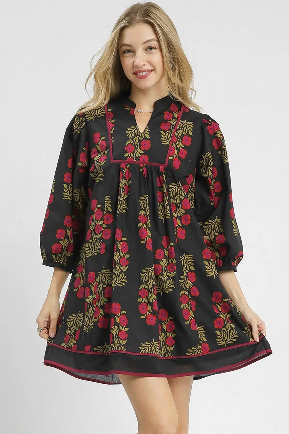 Black Floral Print Notched Neck Piping Trim Bracelet Sleeve Babydoll Dress