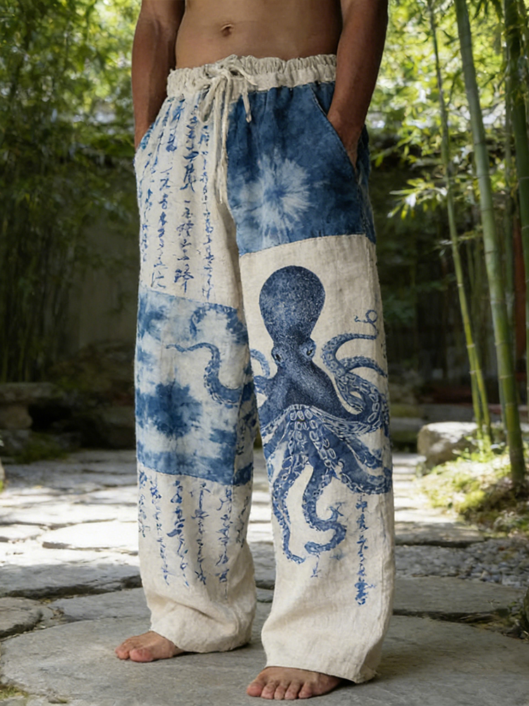 Vintage Japanese-style Octopus Tie-dye Spliced Cotton Linen Pants