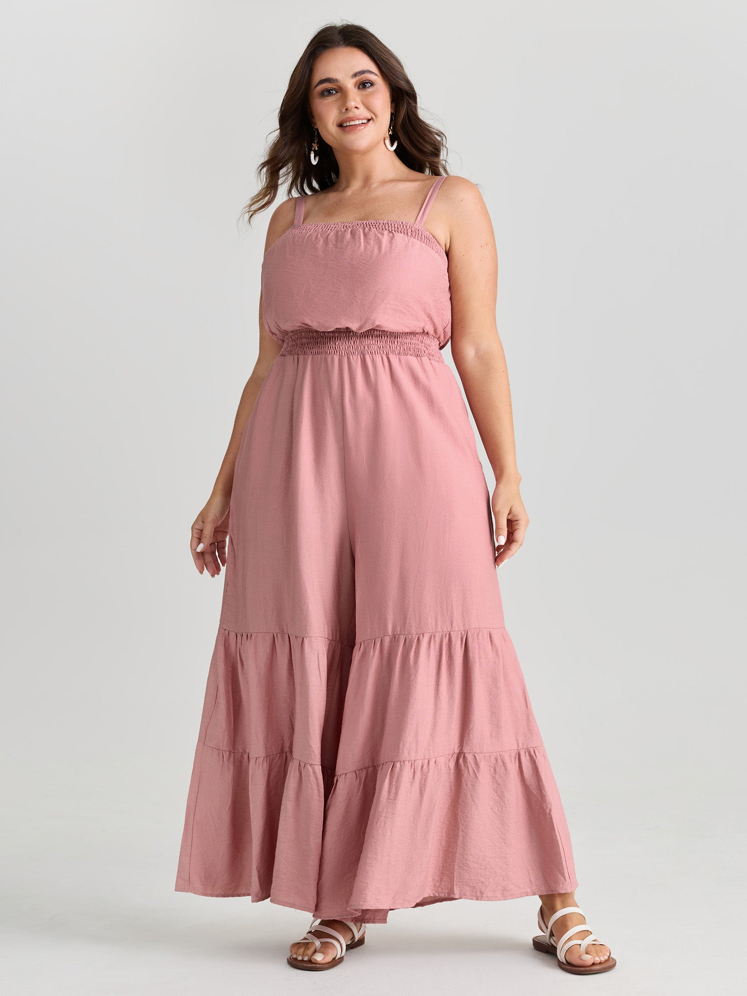 Shirred Tiered Adjustable Jumpsuit