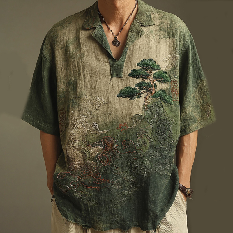 Men's Retro Landscape Embroidery Casual Lapel Short Sleeve Shirt