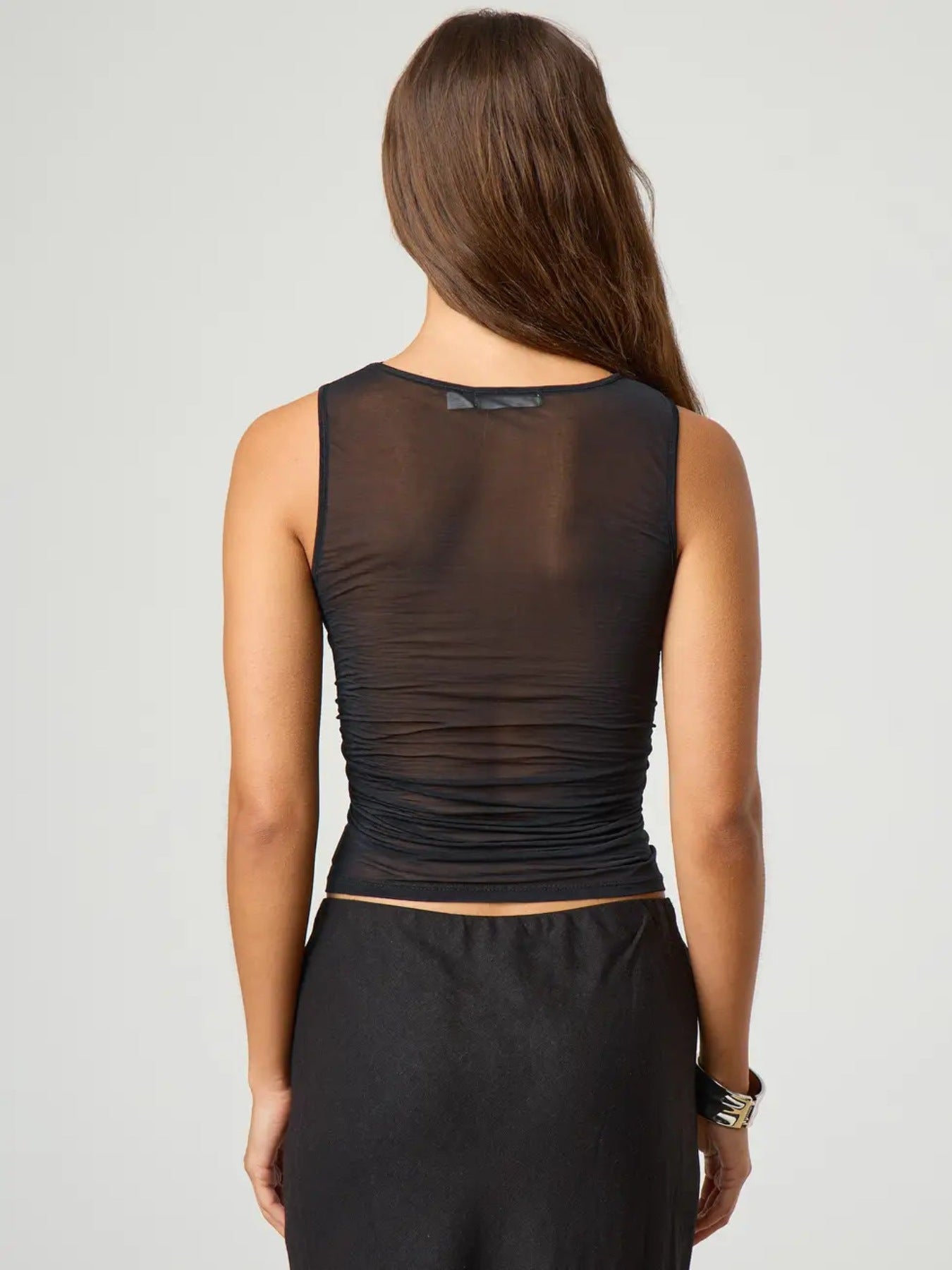 Ruched Sheer Round Neck Tank