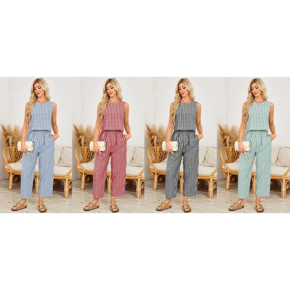 Women's Plaid Print Tank Top & Pants Two-piece Set