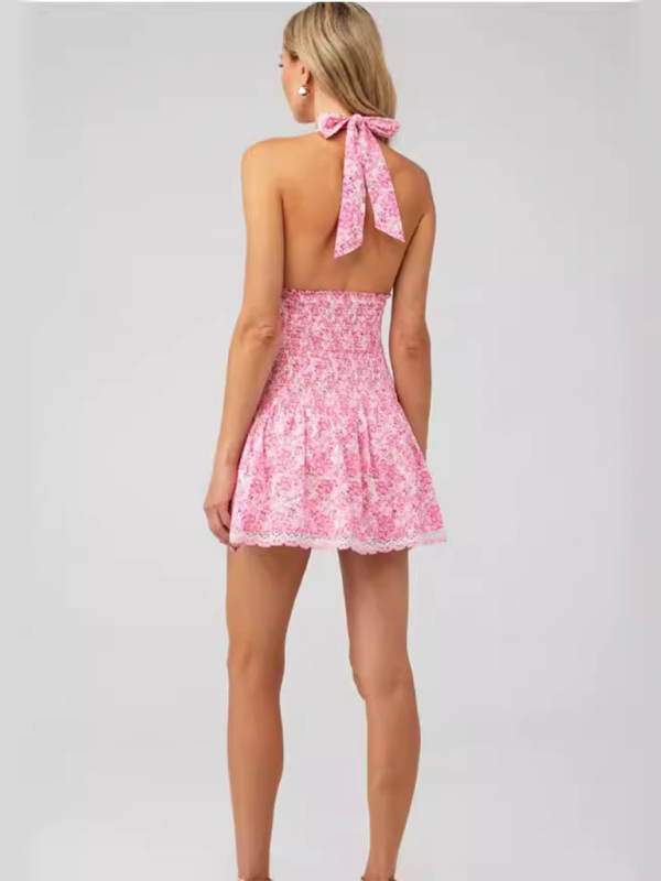 Sleeveless Floral Backless Deep V-Neck Lace-Up Waist-Cinching Dress