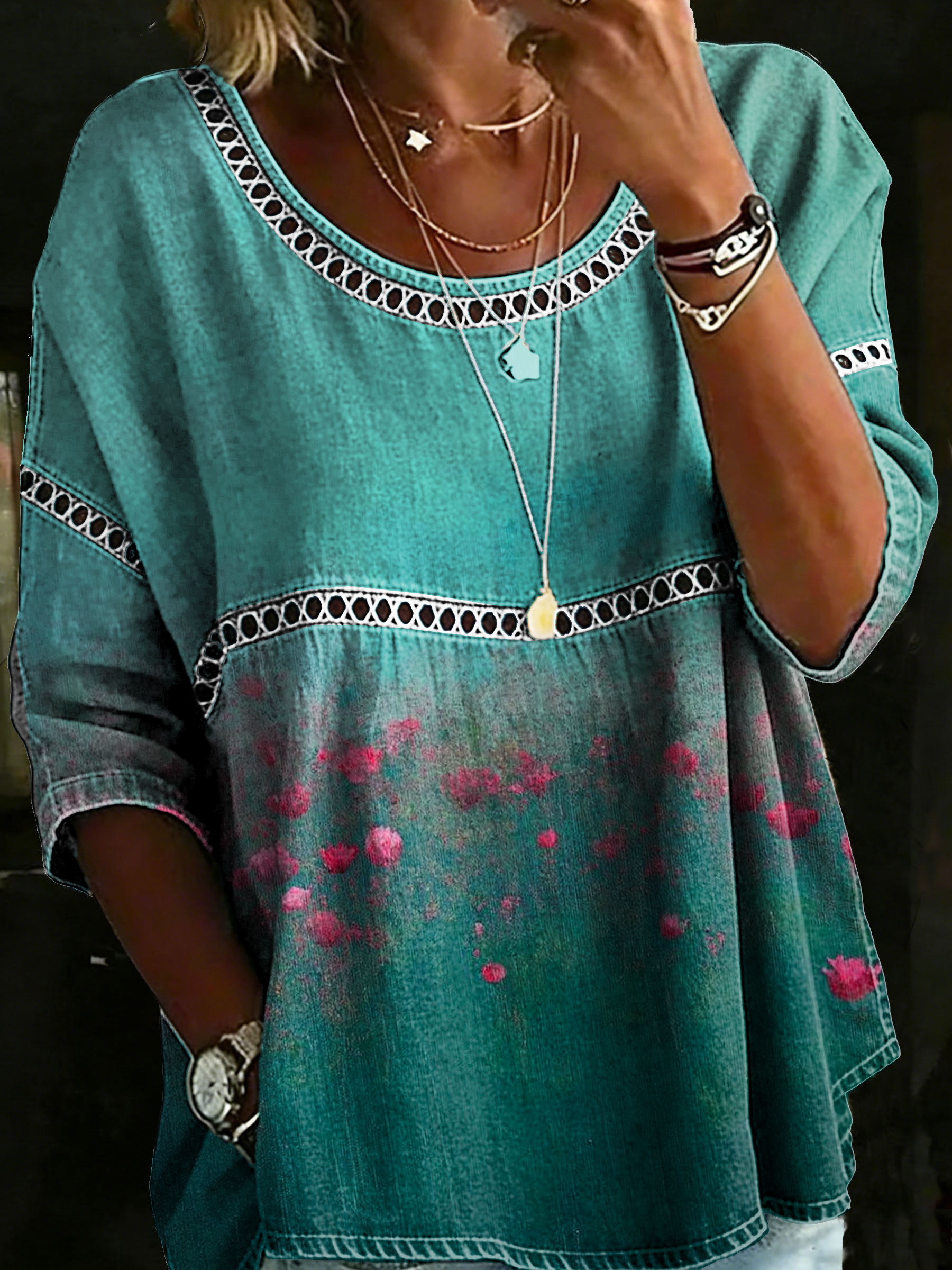 Women's Vintage Floral Casual Loose Denim Blouse Shirt