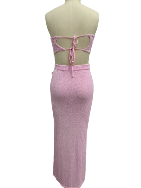 Strapless knitted hollow flower high waist skirt set