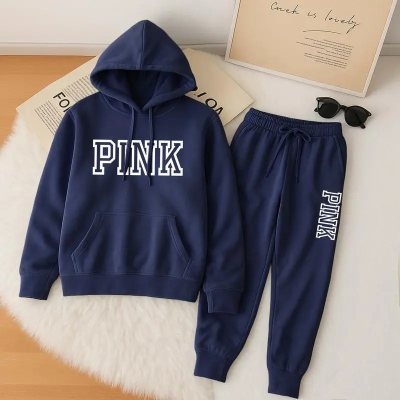 Women's Pink Print Hoodie And Drawstring Track Pants Set