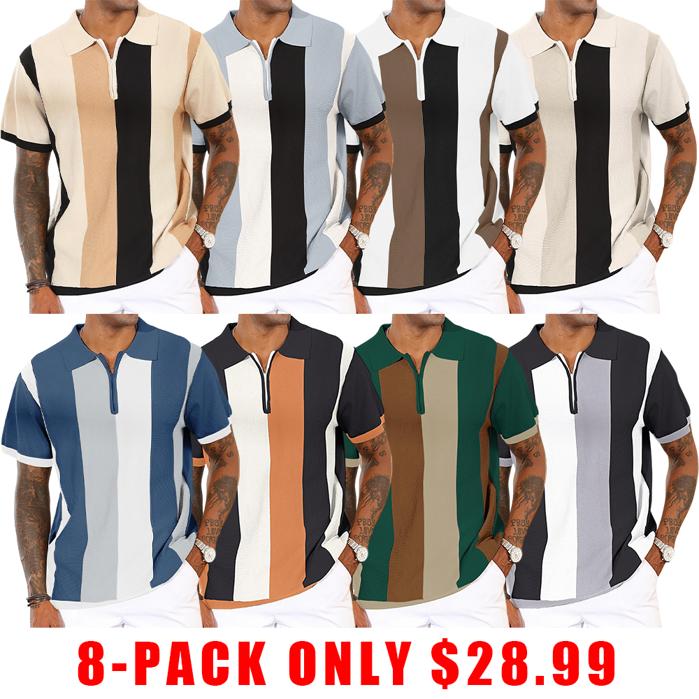 Men's Fashion Polo Shirts Vintage Striped Knitting Shirts Casual Slim Fit Golf Shirts