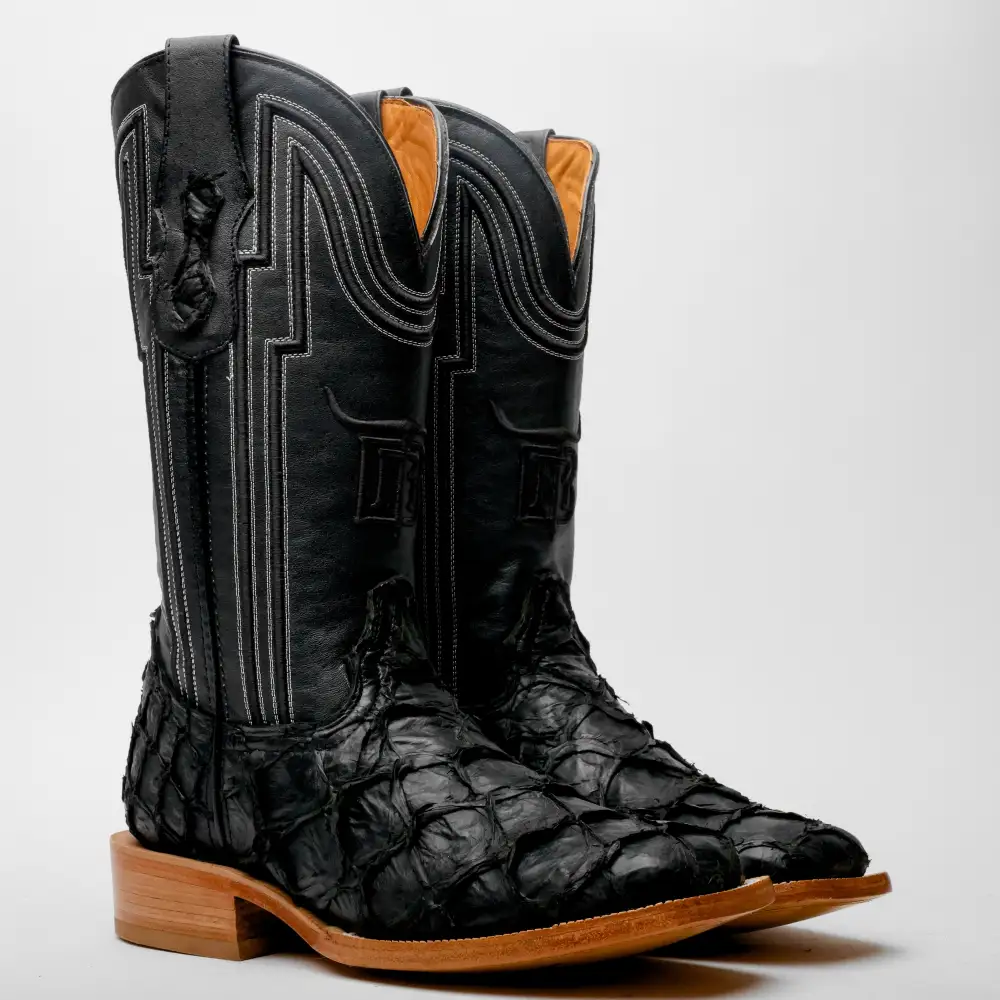 Matte Black Genuine Pirarucu Boots - Square Toe