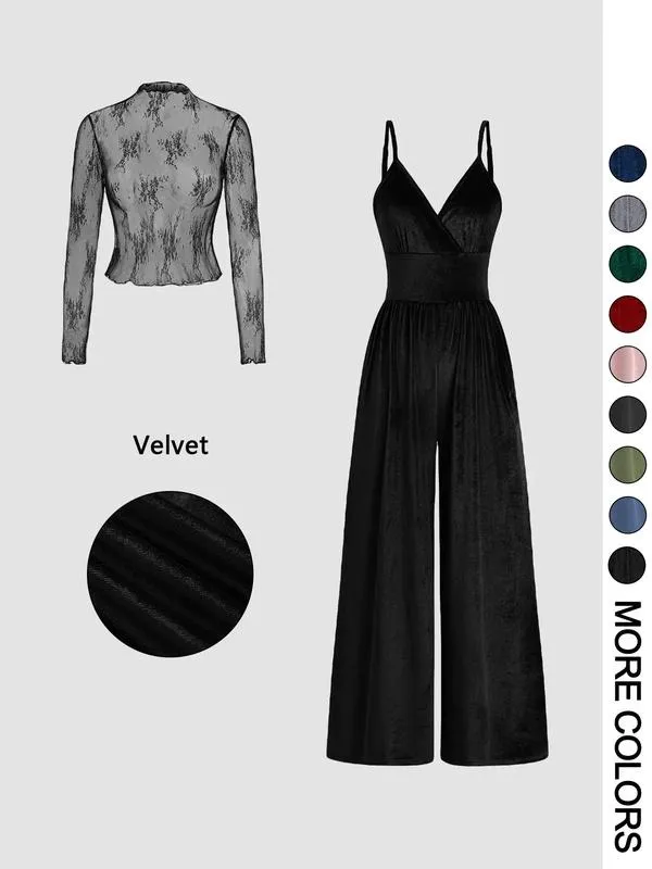Women's Solid Color Lace Tee & Pocket Jumpsuit Two-piece Set