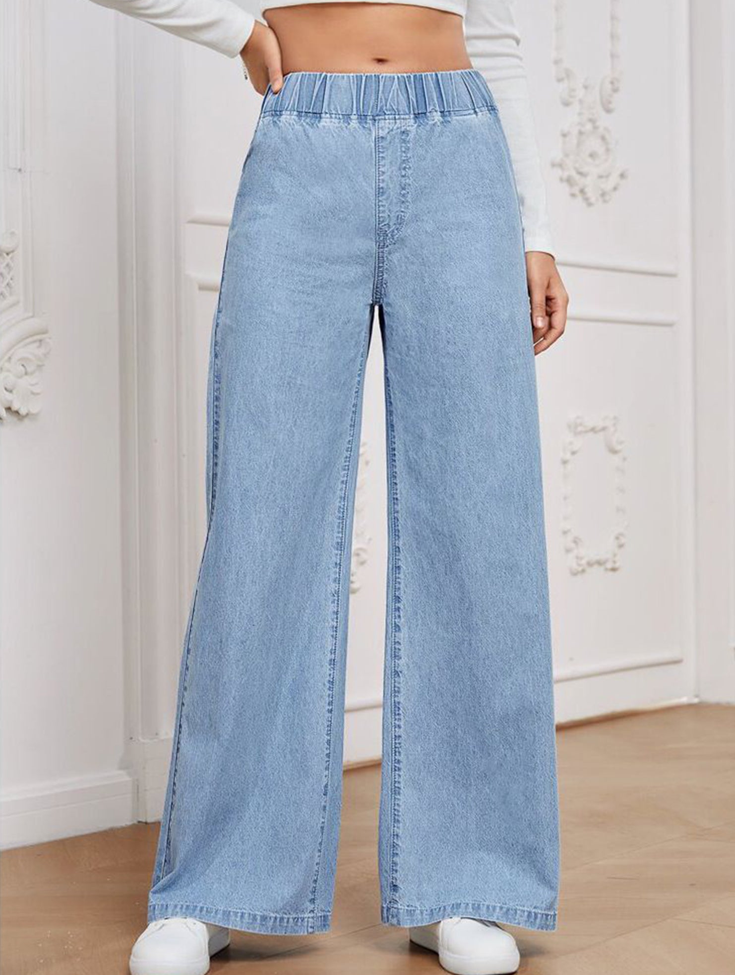 Wide-leg plus-size elastic waist jeans