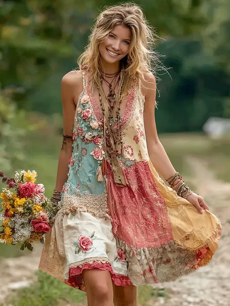 Women's Holiday Embroidered Floral Patchwork V-neck Tank Dress