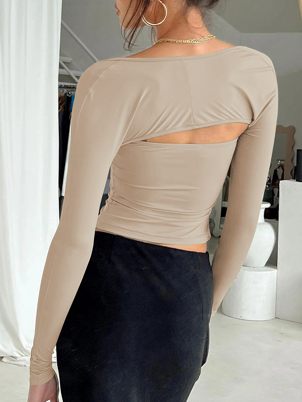 Solid Color Long Sleeves Skinny Collarless T-Shirts Tops