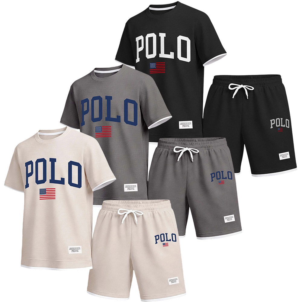 Men's Polo Print Drawstring Shorts Set For Spring/Summer
