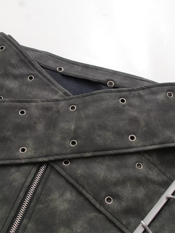 Retro Workwear Style Zipper Belt Decorated Short Pu Leather Skirt