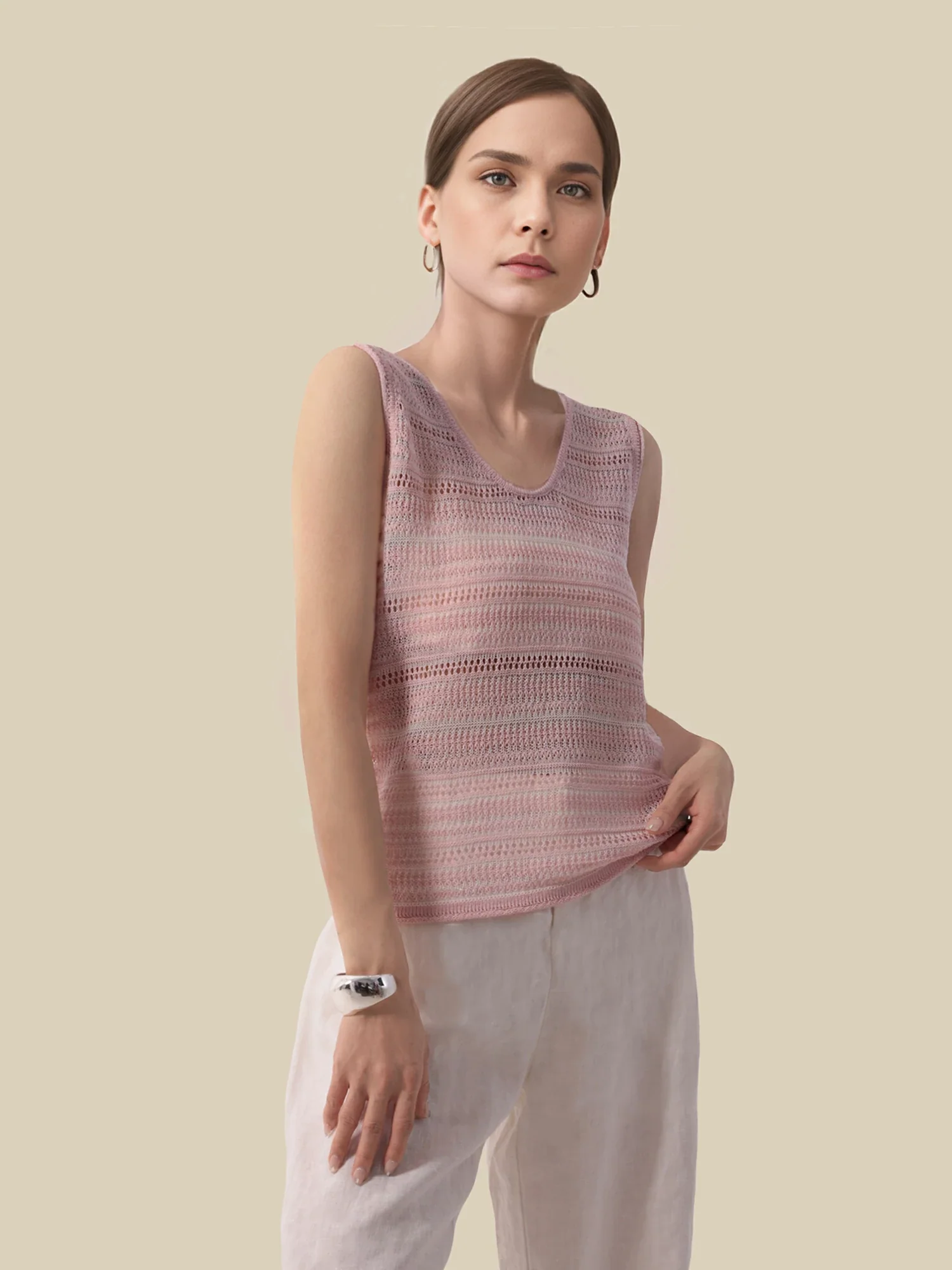 Lyocell & Silk U Neck Sleeveless Striped Vest